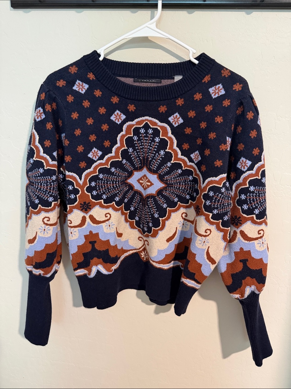 Tahari Navy Multicolor Mosaic Crewneck Sweater